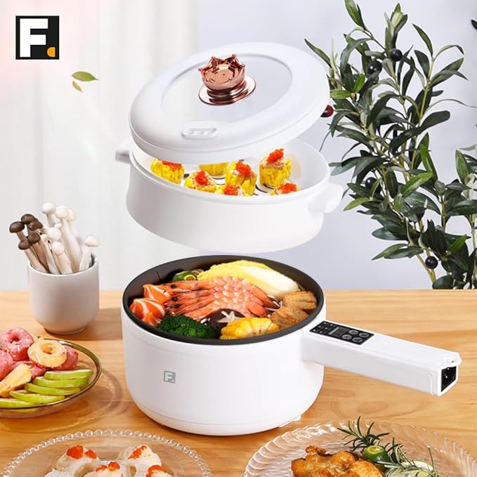 2L Hot Pot Electric Cooker Multi Cooker Electric Pot, Rice Cooker Small, Steamer Cooker, Electric Skillet, Electric Frying Pan Electric Hot Pot, Portable Nonstick Pan (Black Liner + Steamer)