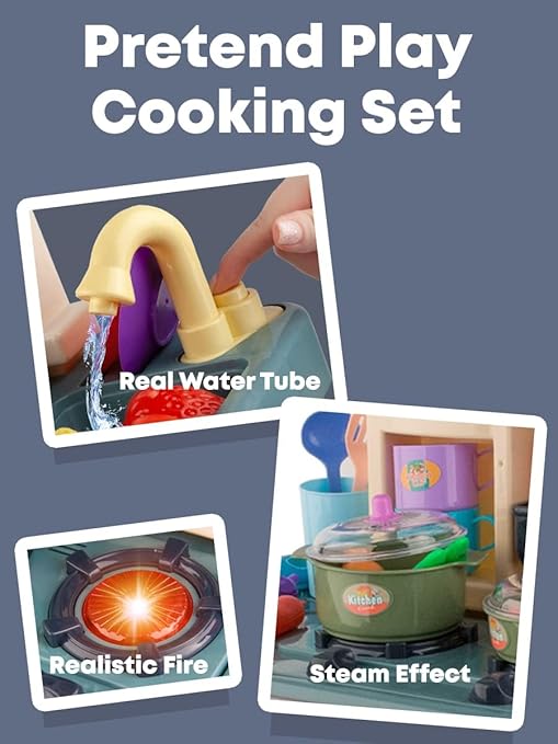 Plastic Toy Play Kitchen Food Set for Kids, Toddlers 3-5 - Cooking Pretend Play Interactive Station with Sink, Water, Steam, Sound, Accessories (44 items) - Little Girls Birthday Gift