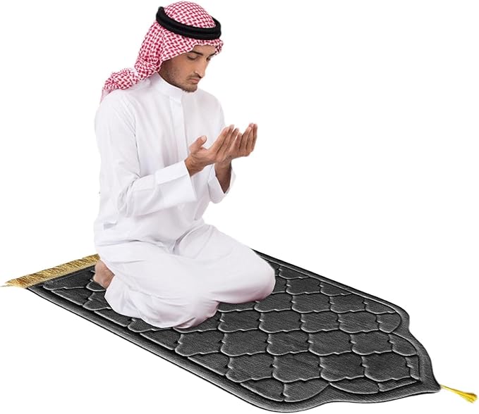 Embossed Prayer Mat Anti-Slip Velvet Top Islamic Prayer Mat Dome Style Thick Padded Sajadah Prayer Rug for Men Women Eid Gift Ramadan 70 x 110 cm (Ash Grey)
