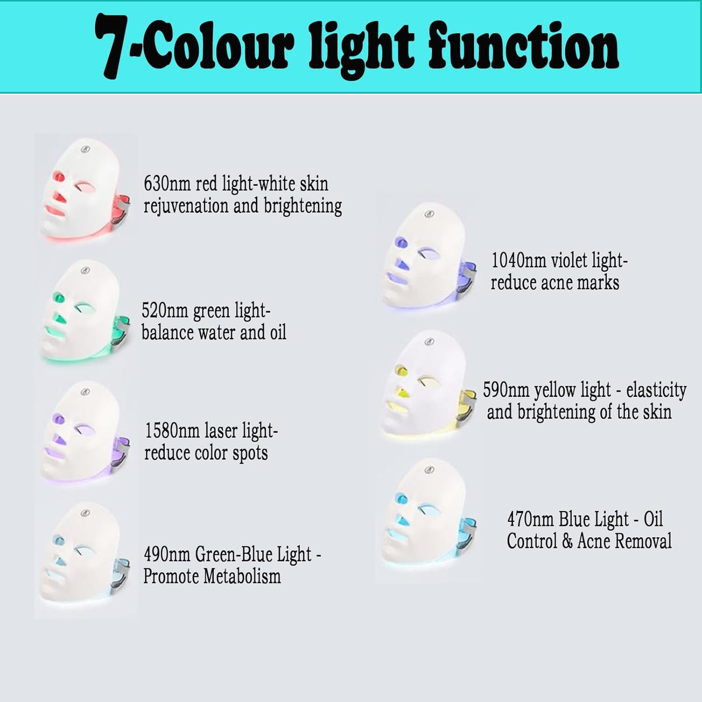 Led Mask 7 Colors, Led Face Mask, Phototherapy Mask, Phototherapy Mask, Phototherapy Mask for Face (White)
