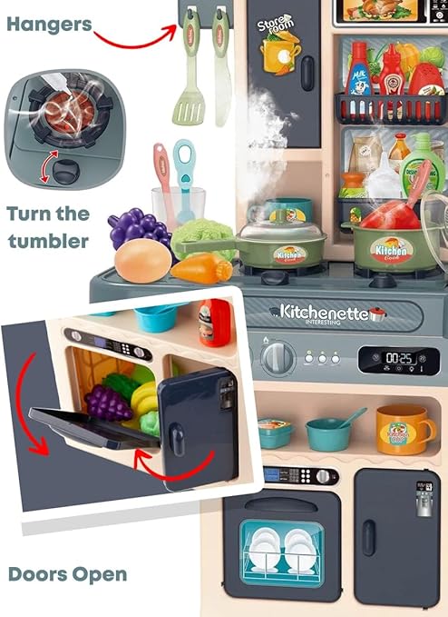 Plastic Toy Play Kitchen Food Set for Kids, Toddlers 3-5 - Cooking Pretend Play Interactive Station with Sink, Water, Steam, Sound, Accessories (44 items) - Little Girls Birthday Gift