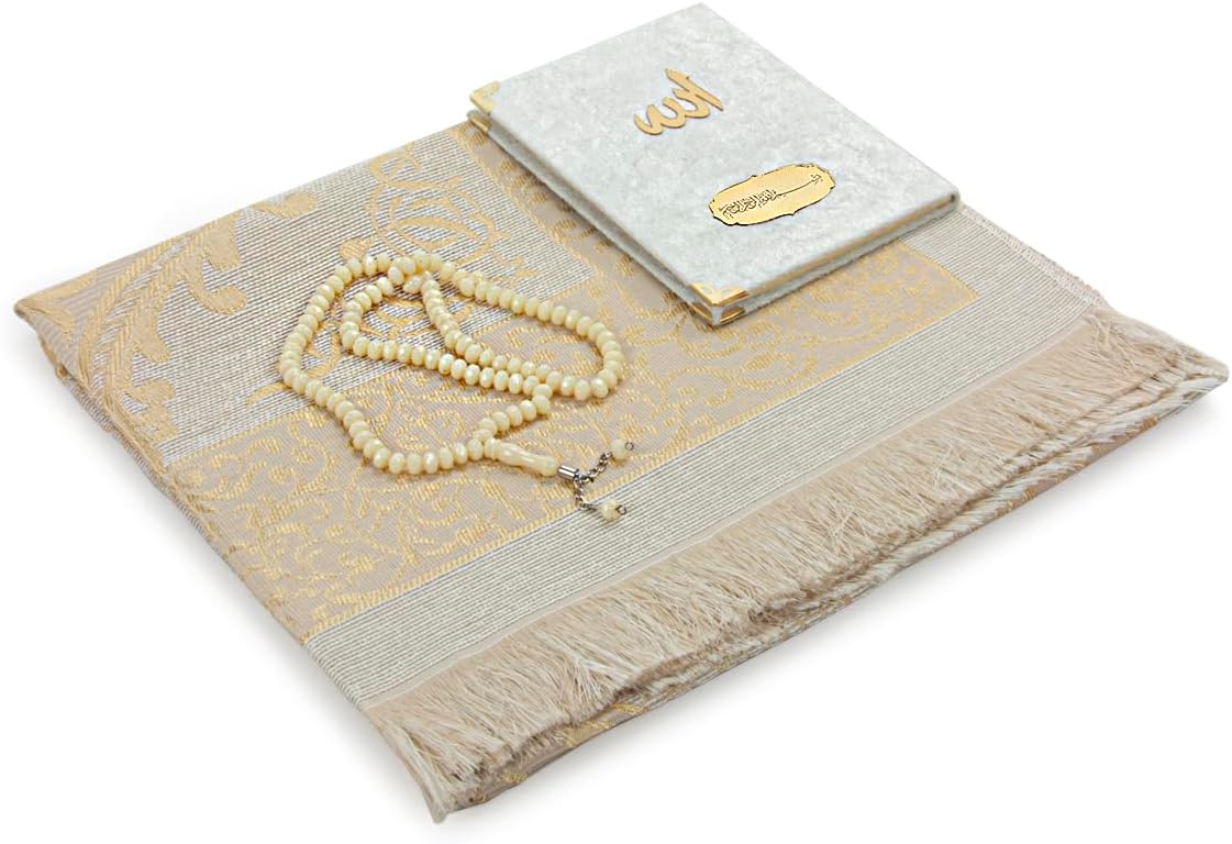 Prayer Gift Set for Men & Women, Muslim Taffeta Prayer Rug, Salah Mat, Beads Rosary, Velvet Covered Yaseen Islamic Gift Set for Ramadan & Eid, Beige