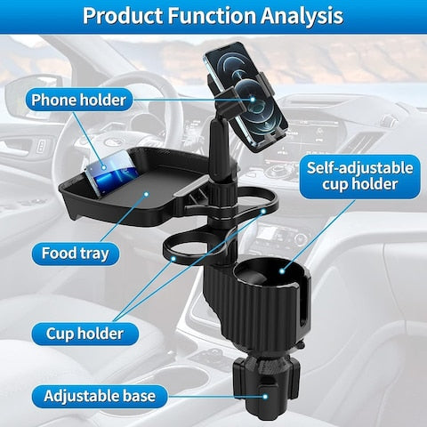 5-in-1 Car Cup Holder Expander with Detachable Tray, Dual Cup Holders, Phone Holder, Adjustable Base – Car Accessories for Road Trips, Car Gadgets