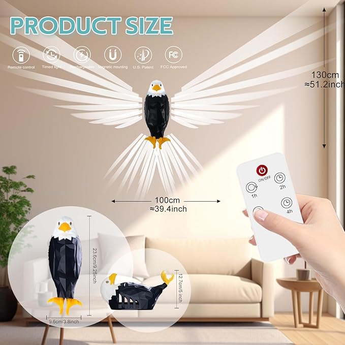 Eagle Wall Light, American Animal Bird Wall Night Light, Magnetic Led Wall Mounted Eagle Lamp, with Remote Control, USB Charging, Battery Operated & Removable Charging Eagle Light for Indoors