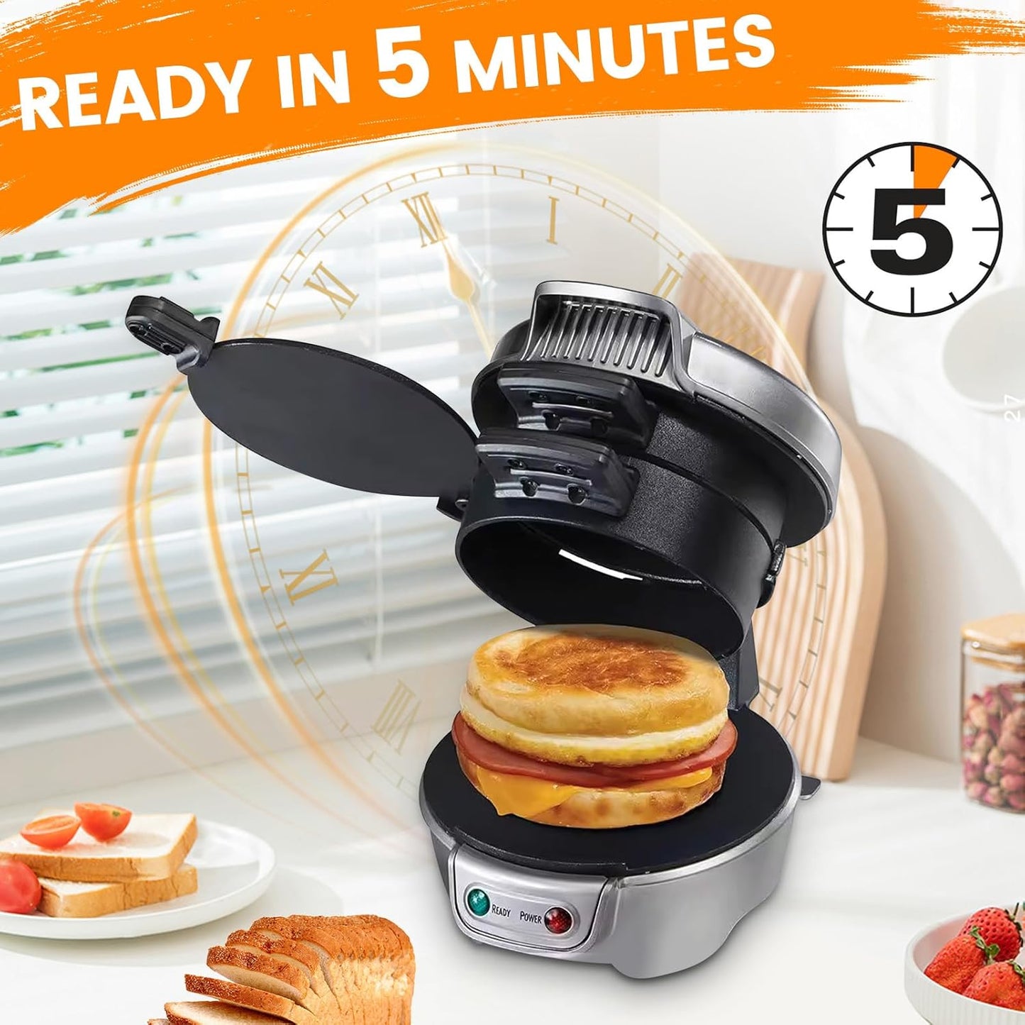 Sandwich Makers with Omelet Ring, 600W Burger Maker with Non-Stick Coating, Dishwasher Safe, Perfect for a Quick Breakfast, EU Plug (Grau)