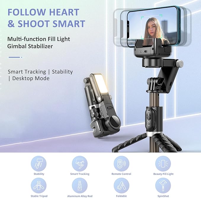 Q18 Rotatable Multi-function Gimbal Stabilizer Remote Control Stabilizer with 27.5in Extension Rod Built-in Beauty Fill Light Aluminum Alloy Face Smart Tracking Auto Balance for Vlog