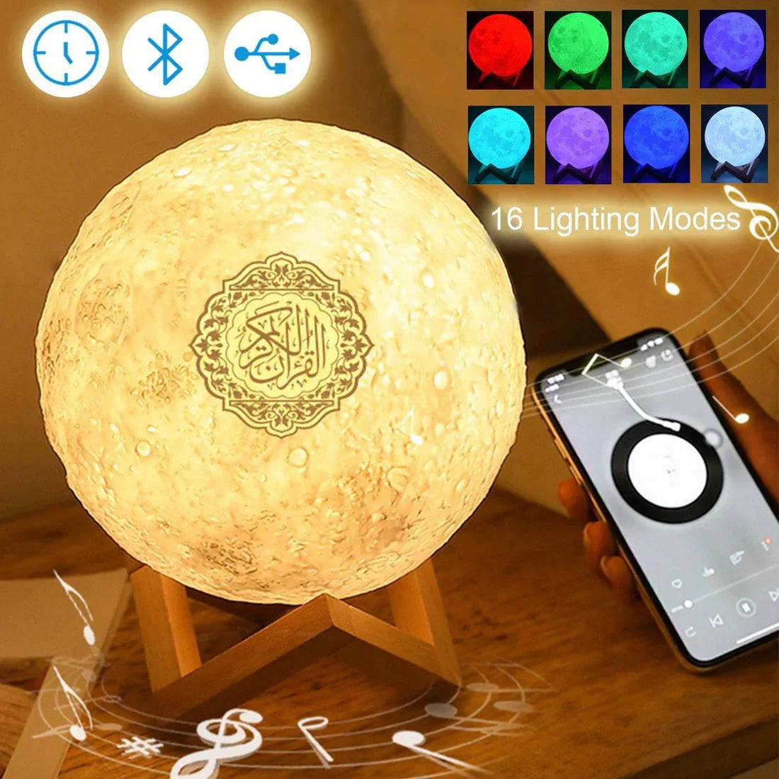 NoorWave™ 4-in-1 Quran Speaker with 16-Color 3D Moon Lamp & Recitation